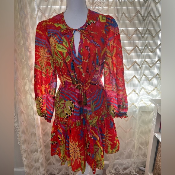 Farm Rio Printed Dress Red Size Small Short Beaded Cotton - Picture 2 of 10